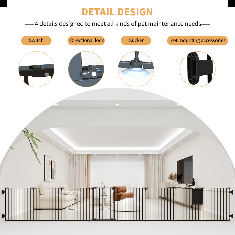 190" Extra Wide Black Fence With Door Metal Safety Gate For Pet/Dog, Max Length 190", 8-Panel