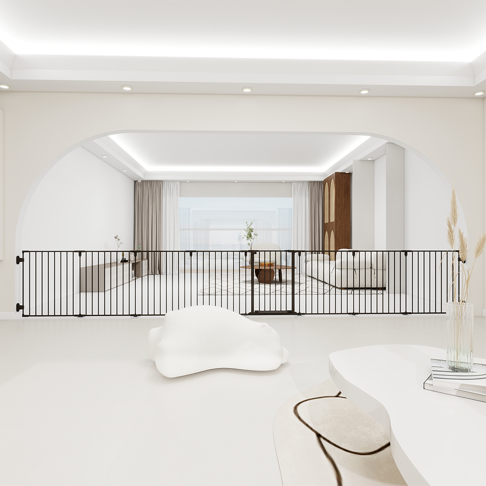 190" Extra Wide Black Fence With Door Metal Safety Gate For Pet/Dog, Max Length 190", 8-Panel