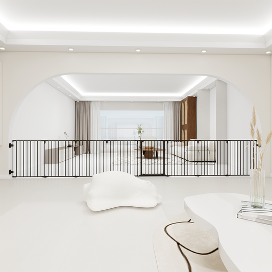 190" Extra Wide Black Fence With Door Metal Safety Gate For Pet/Dog, Max Length 190", 8-Panel