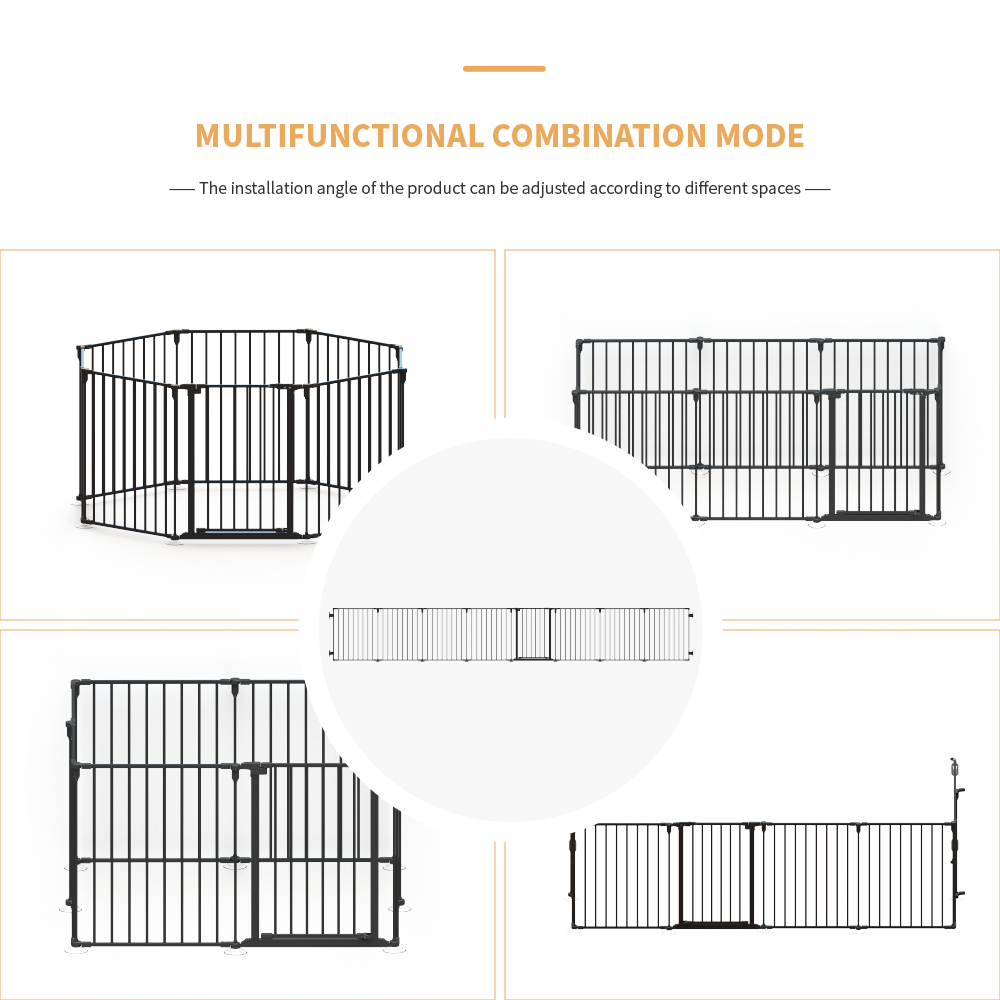 190" Extra Wide Black Fence With Door Metal Safety Gate For Pet/Dog, Max Length 190", 8-Panel