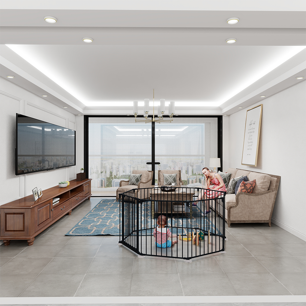 190" Extra Wide Black Fence With Door Metal Safety Gate For Pet/Dog, Max Length 190", 8-Panel