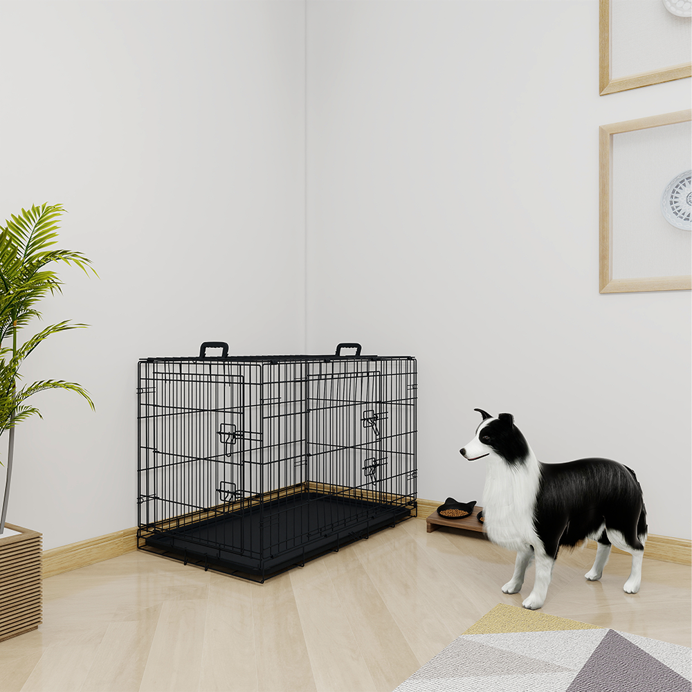 36 inches Black wire dog cage double lock mechanism two doors two handles Double bolt