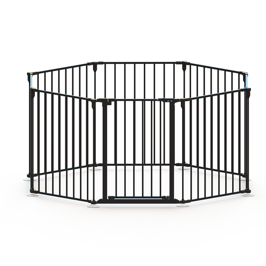 190" Extra Wide Black Fence With Door Metal Safety Gate For Pet/Dog, Max Length 190", 8-Panel