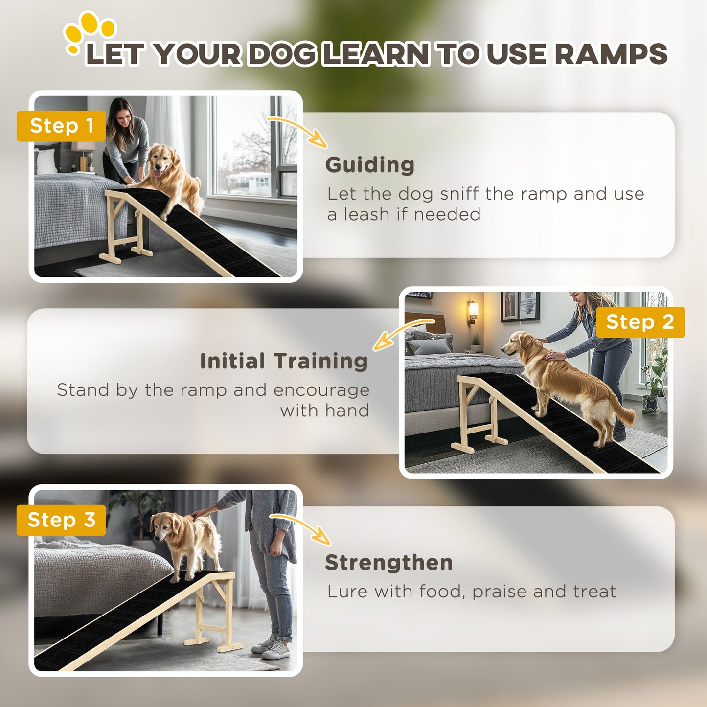 Dog Ramp for Bed, Pet Ramp for Dogs with Non-Slip Carpet and Top Platform, 74" x 16" x 25", Natural