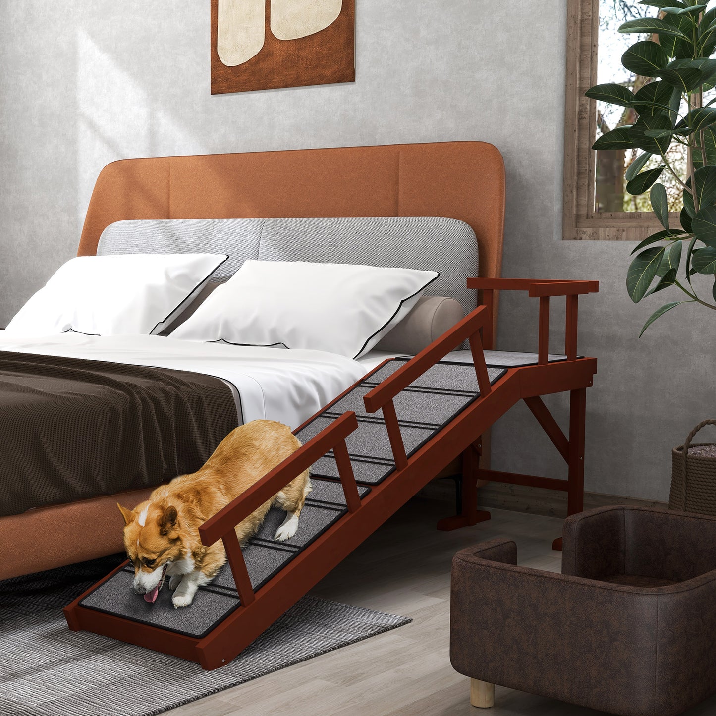 Wooden Dog Ramp with Removable Guardrails, Non-Slip Surface, 60" Long, Brown