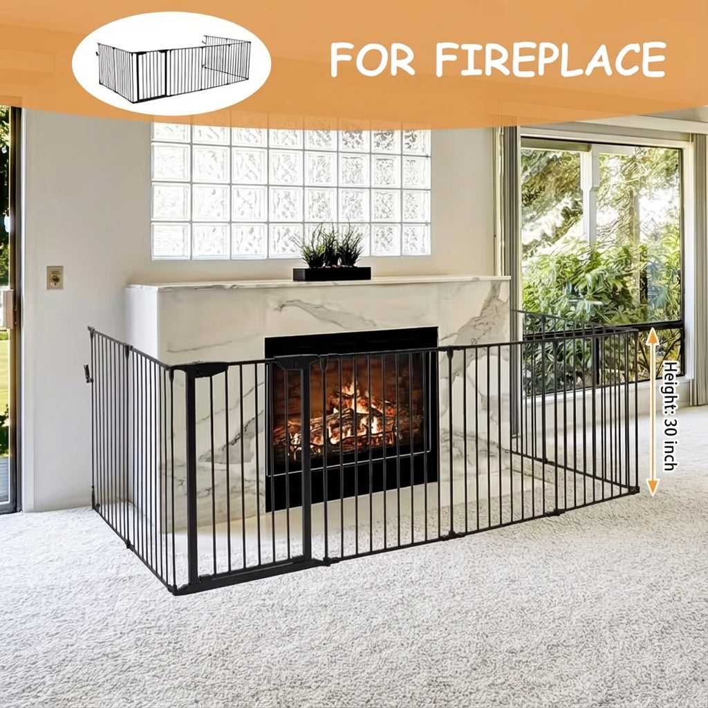 190" Extra Wide Black Fence With Door Metal Safety Gate For Pet/Dog, Max Length 190", 8-Panel