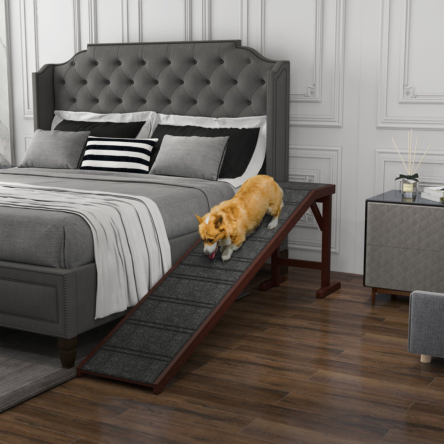 Dog Ramp for Bed, Pet Ramp for Dogs with Non-Slip Carpet and Top Platform, 74" x 16" x 25", Brown