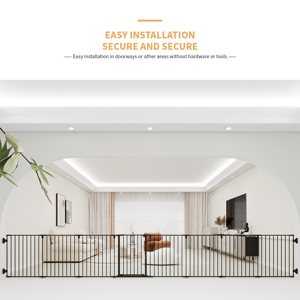 190" Extra Wide Black Fence With Door Metal Safety Gate For Pet/Dog, Max Length 190", 8-Panel