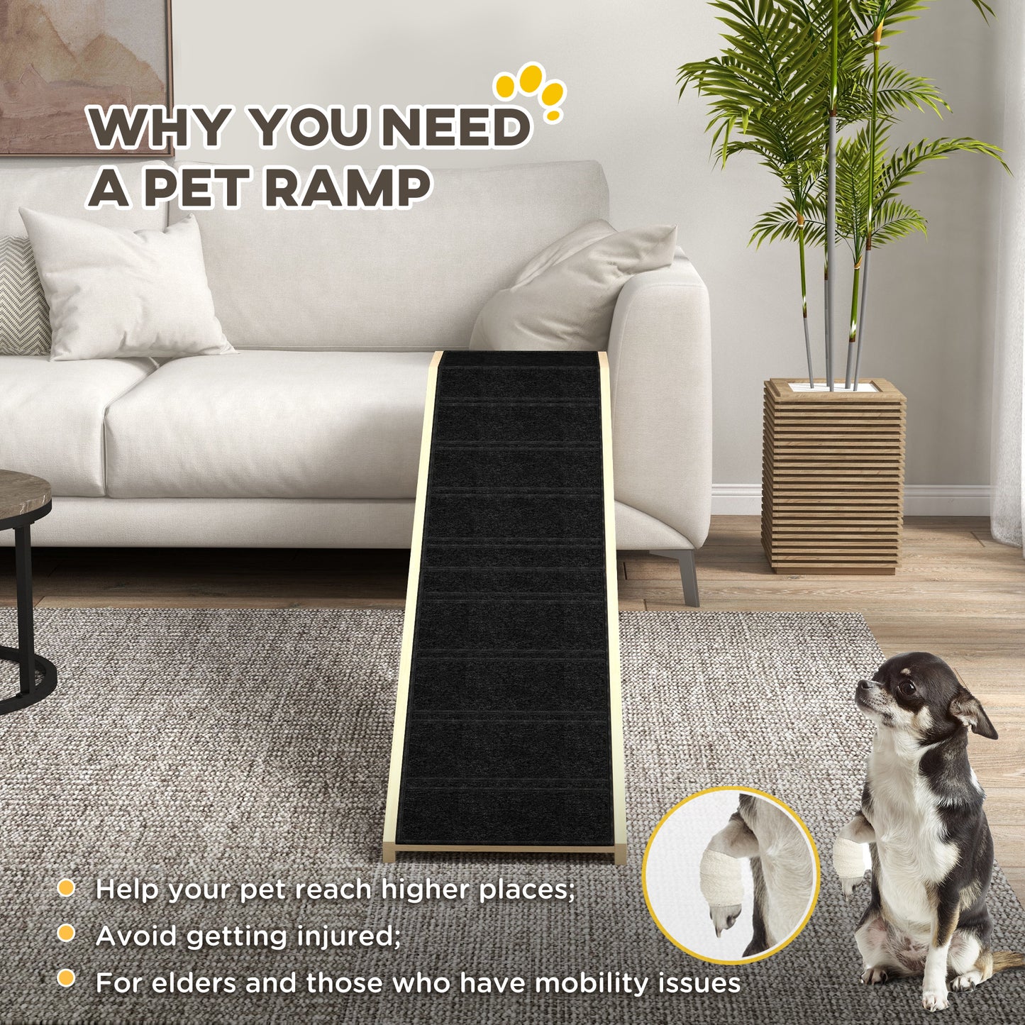 Dog Ramp for Bed, Pet Ramp for Dogs with Non-Slip Carpet and Top Platform, 74" x 16" x 25", Natural